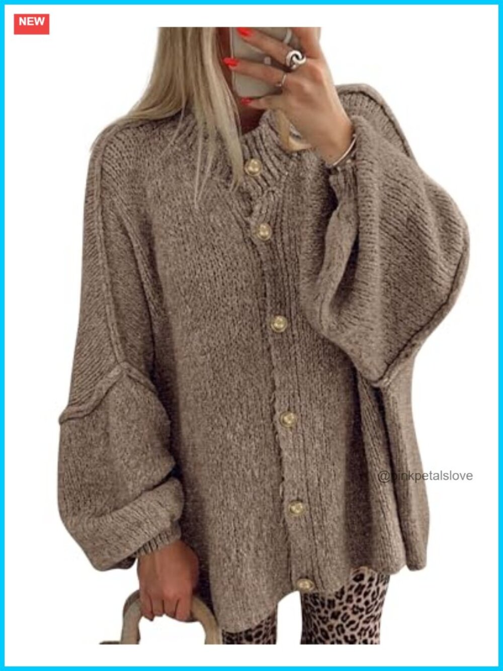 Oversized Button Down Cardigan Crew Neck Lantern Sleeve Fall Layering Sweater